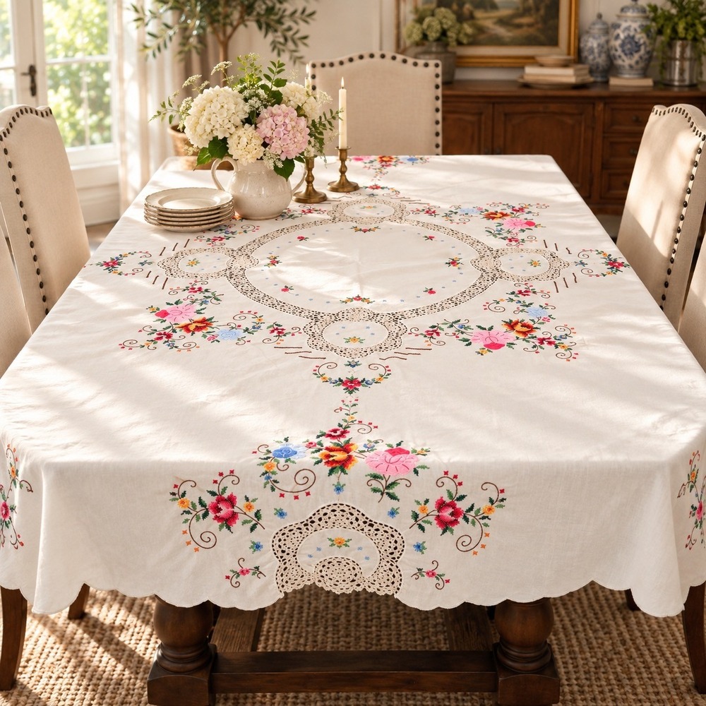Vintage Floral Embroidered Square Tablecloth Crochet Lace Applique Rose Handmade
